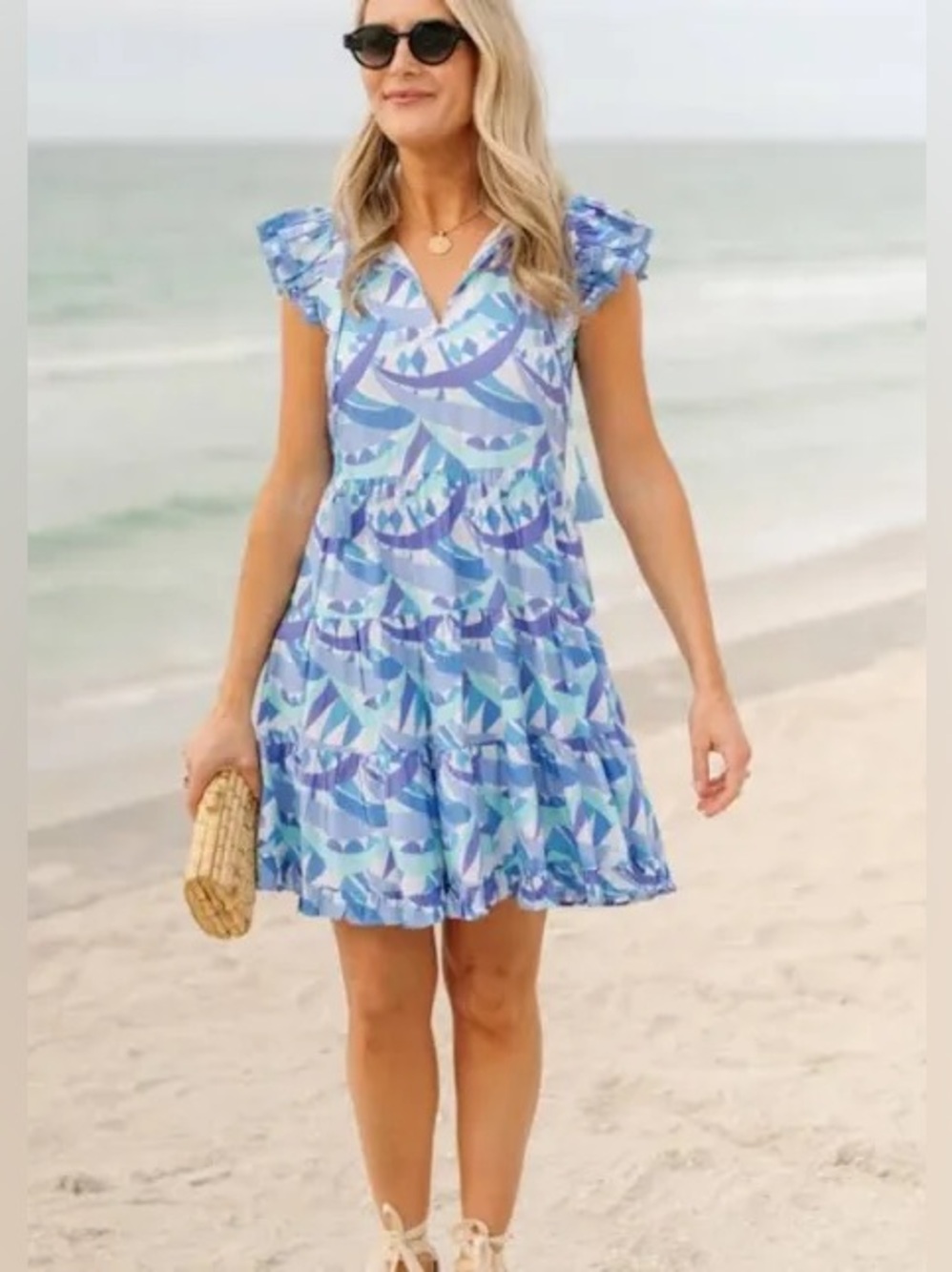 Sail to Sable Blue & Aqua Geometric Ruffle Dress Sz L
